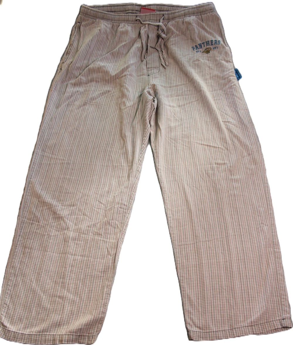 NFL Pajama Pants Mens L Beige Gingham Flannel 100% Cotton Panthers Embroidered